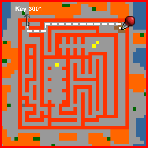 Entrada da pirâmide → esqueleto da Key 3001. O traçado branco indica o corredor norte.