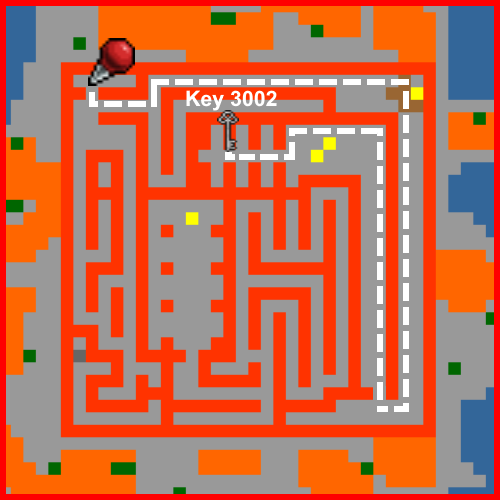 Percurso da 3001 até o setor dos caixões. A imagem é um minimapa: não mostra cada armadilha do tapete.