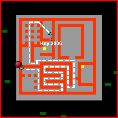 Do labirinto à sala dos campos. O símbolo Key 3006 marca o ponto de coleta.