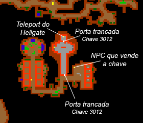 Andar 10: portas trancadas, teleport de Hellgate e subida para o NPC que vende a chave (andar 9).