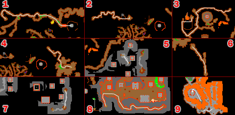Siga os quadros de 1 a 9, respeitando as mudanças de piso. Este mapa é resumido: alguns corredores intermediários não aparecem.