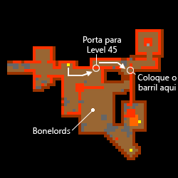 Referência da etapa posterior: porta de nível 45 e posição do barril junto à parede. Este não é o baú que entrega 3304.