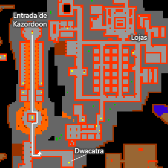 Subterrâneo −2 conforme a legenda original do TibiaWiki. As marcas amarelas do último mapa alertam sobre Dwarf Guards.