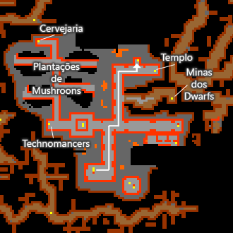 Subterrâneo −3 conforme a legenda original do TibiaWiki. As marcas amarelas do último mapa alertam sobre Dwarf Guards.