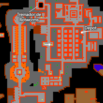 Subterrâneo −2 conforme a legenda original do TibiaWiki. As marcas amarelas do último mapa alertam sobre Dwarf Guards.