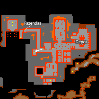 Subterrâneo −1 conforme a legenda original do TibiaWiki. As marcas amarelas do último mapa alertam sobre Dwarf Guards.